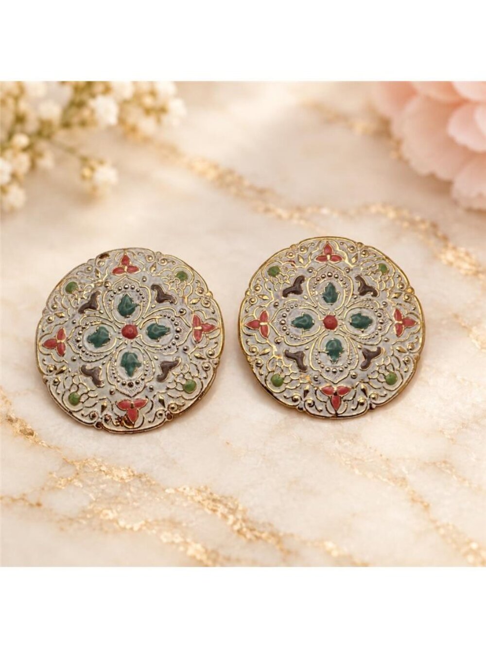 Multicolor Enamel Floral Medallion Stud Earrings Gold Tone 42mm Vintage